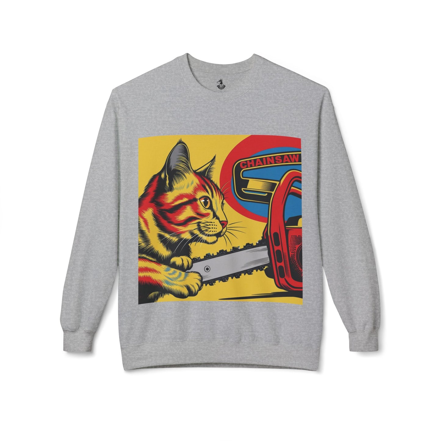 "Cat Chainsaw Art Crewneck Sweatshirt 🐱 | Midweight Fleece Gift for Cat Owners – Unisex Funny Apparel for Birthdays & Christmas"