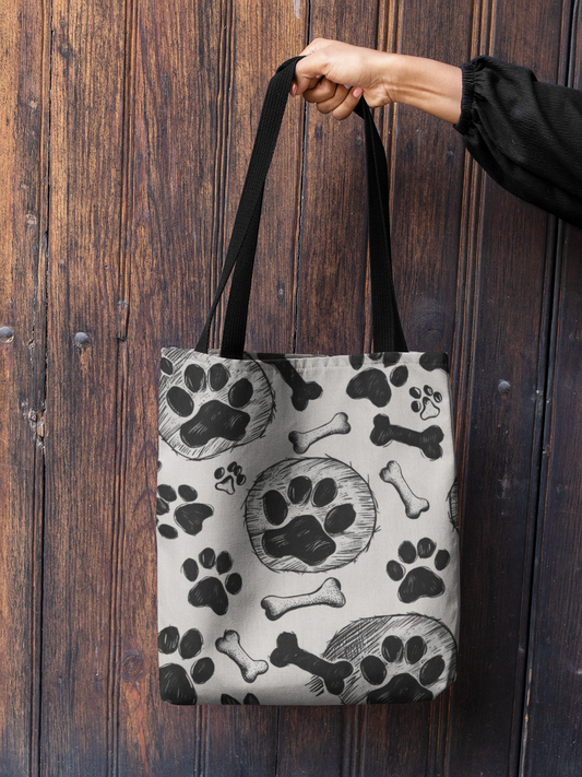 Eco-Friendly Cotton Tote Bag for Dog Lovers – Reusable Washable Shoulder Bag with Black & White Dog Paw Print Design, Durable & Lightweight Gift for Dog Moms/Dads