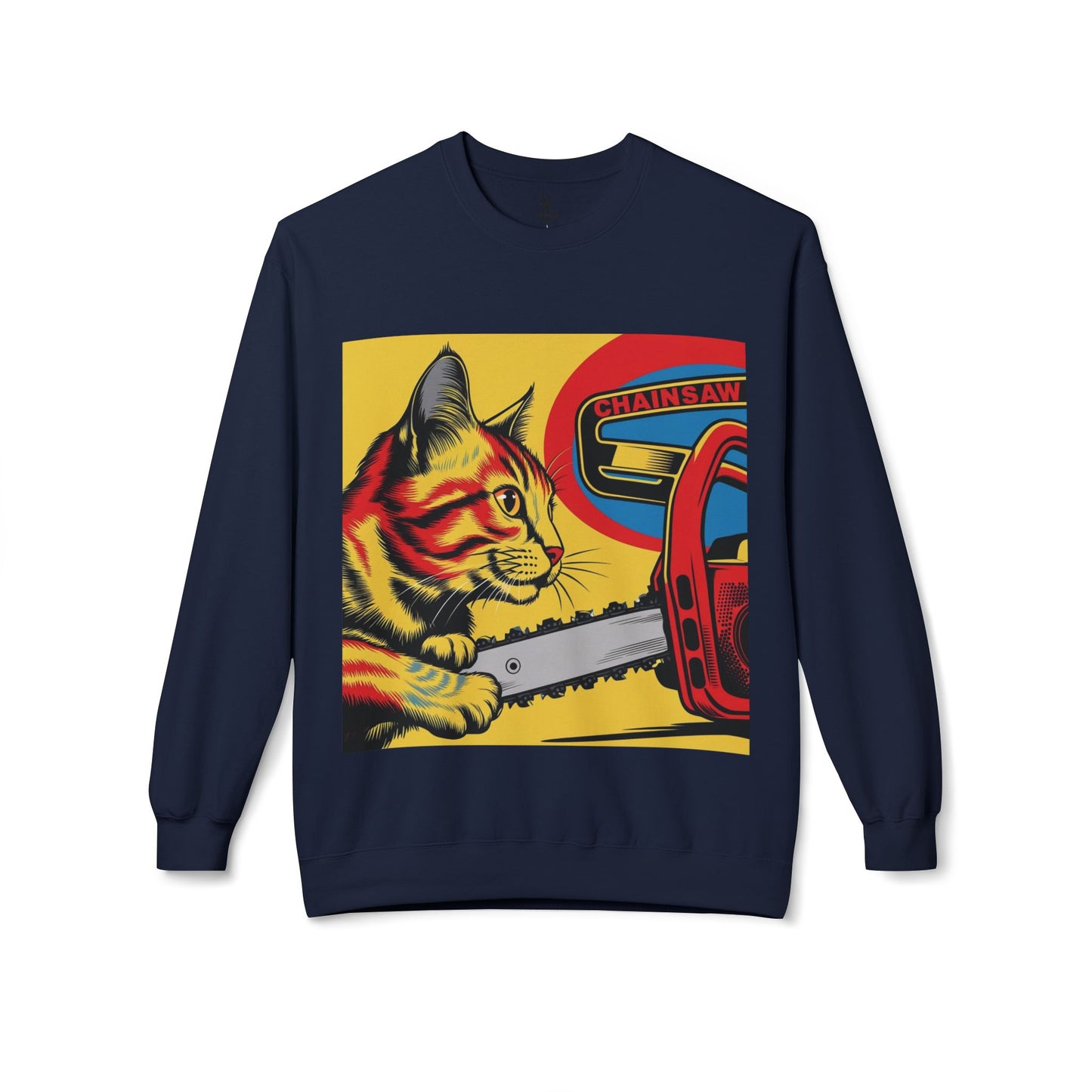 "Cat Chainsaw Art Crewneck Sweatshirt 🐱 | Midweight Fleece Gift for Cat Owners – Unisex Funny Apparel for Birthdays & Christmas"